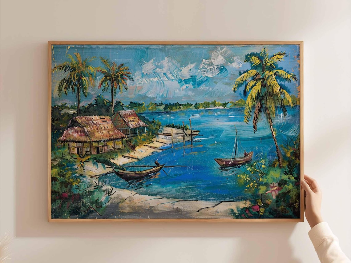 Bangladesh Coastal Village Painting Travel Poster Boats Palm Trees Art