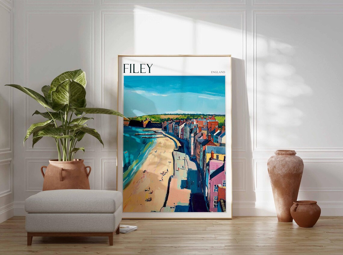 Filey England Aerial Beach Town Street Shadows Pastel Painting Poster - Image 3