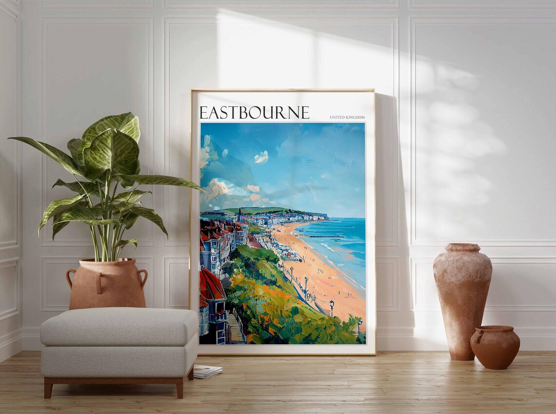 Eastbourne Aerial View Red Roof Houses Long Beach Painting Poster - Image 3