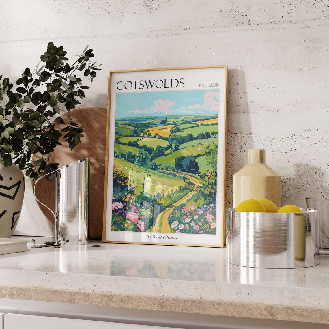 Cotswolds England Winding Road Patchwork Fields Pink Flowers Poster - Image 3