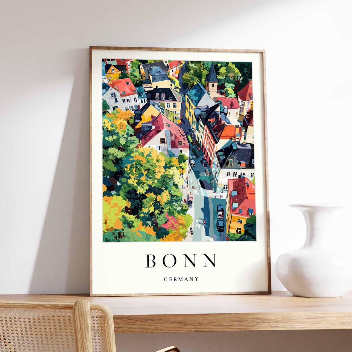 Bonn Germany Old Town Aerial Rooftops View Colorful Travel Poster