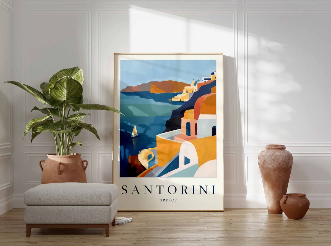 Santorini Greece Cliffside White Houses Aegean Sea Sailboat Poster - Image 3