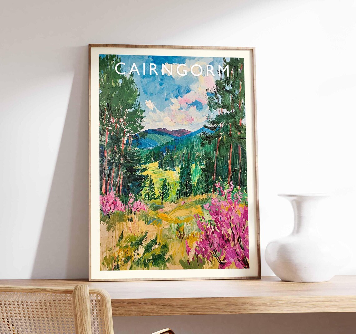 Cairngorm Green Valley Pink Heather Pine Forest Painting Art Poster