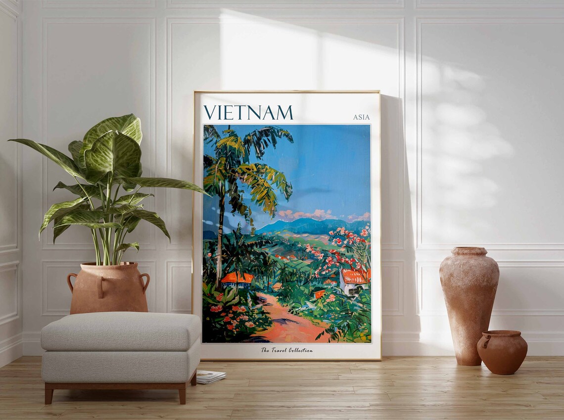 Vietnam Asia Lush Green Valley Village Palms Mountain View Poster - Image 2