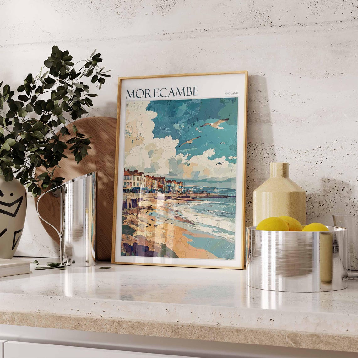 Morecambe England Rocky Beach Seagulls Textured Sky Colors Poster - Image 2