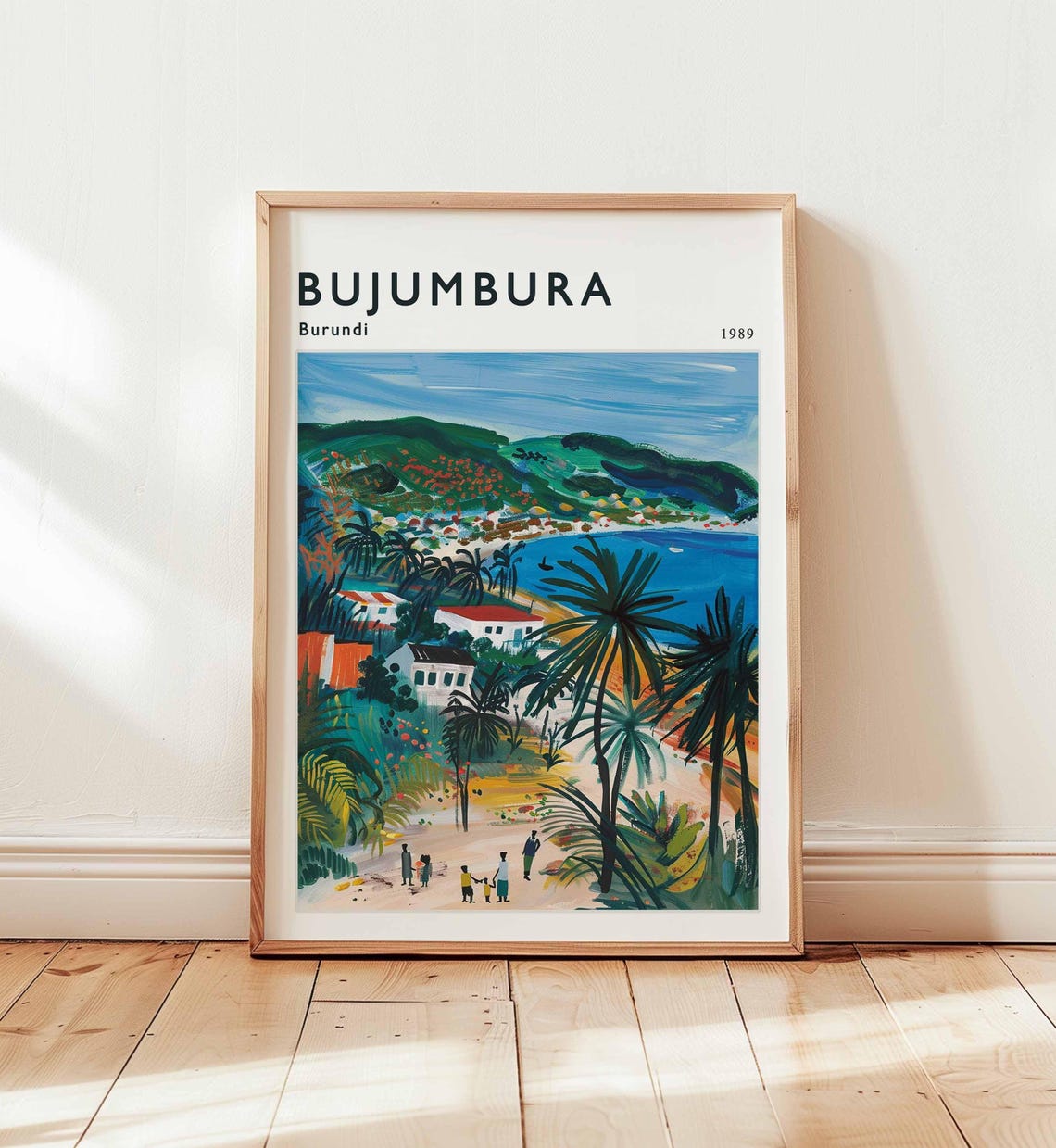Bujumbura Burundi 1989 Beachfront Village Palms Figures Poster