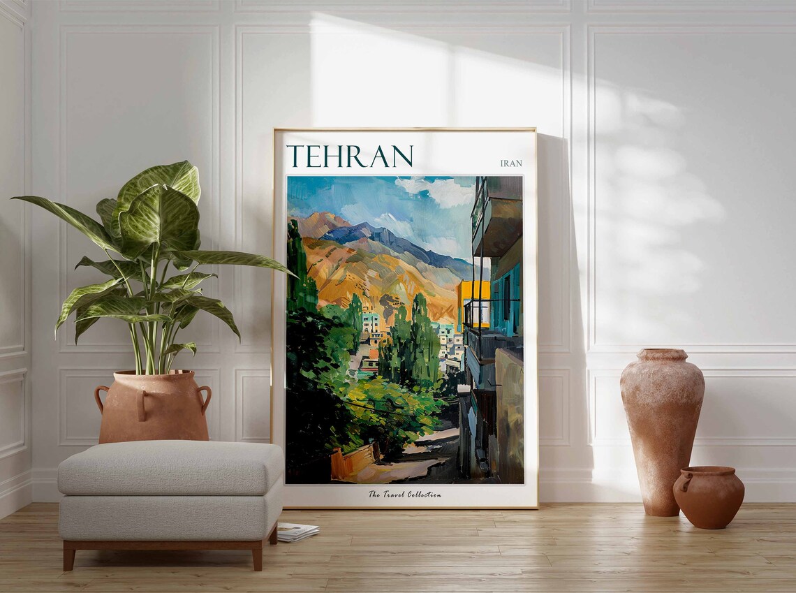 Tehran Iran Mountain Foothills City Street Colorful Painting Poster - Image 2