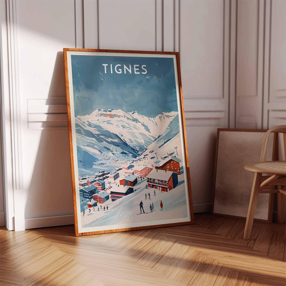 Tignes France Snowy Village Skiers Red Blue Chalet Scene Poster - Image 3