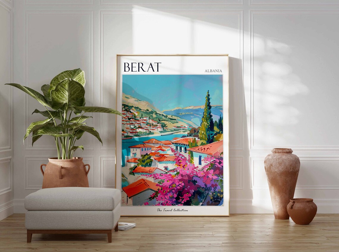 Berat Coastal Hills Pink Blossom Old Town Albania Travel Poster - Image 3