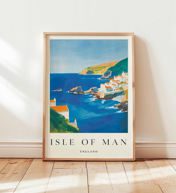 Isle of Man England Coastal Village Travel Poster Deep Blue Sea Cliffs