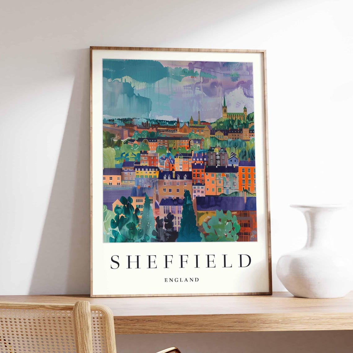 Sheffield England Orange Rooftops and Green Trees City View Poster