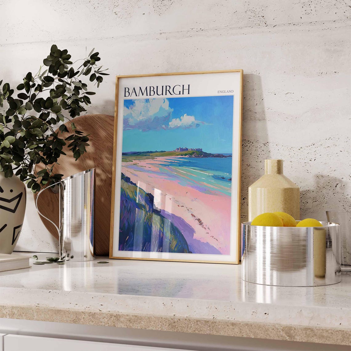 Bamburgh England Pastel Beach Scene With Distant Castle View Poster - Image 2