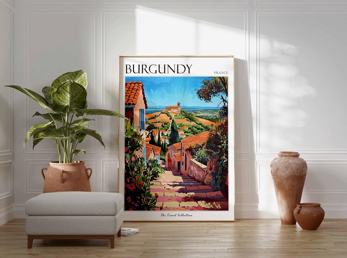 Burgundy France Stone Steps Village Lane Terracotta Houses Poster - Image 3