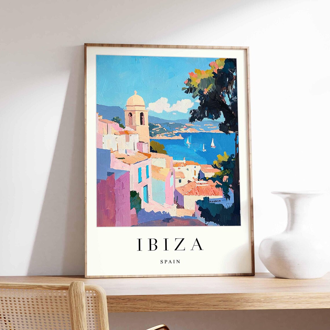 Ibiza Spain Church Bell Tower Pastel Village Sailboats Sea Poster