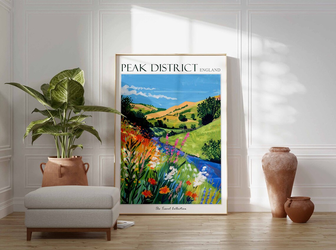Peak District England Wildflower Meadow Travel Poster River Hills Art - Image 2