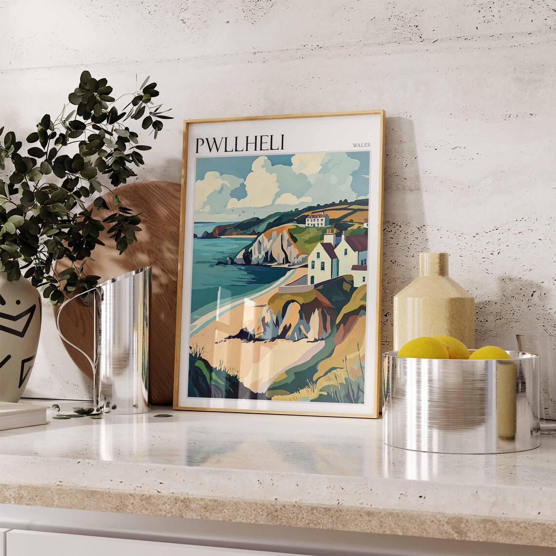 Pwllheli Wales Coastal Cliffs Beach Cottages Vintage Travel Poster - Image 2