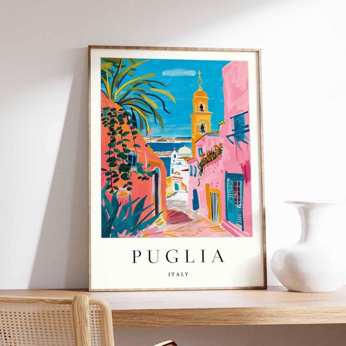 Puglia Italy Pink Alley Bell Tower Palm Trees Sea View Travel Poster