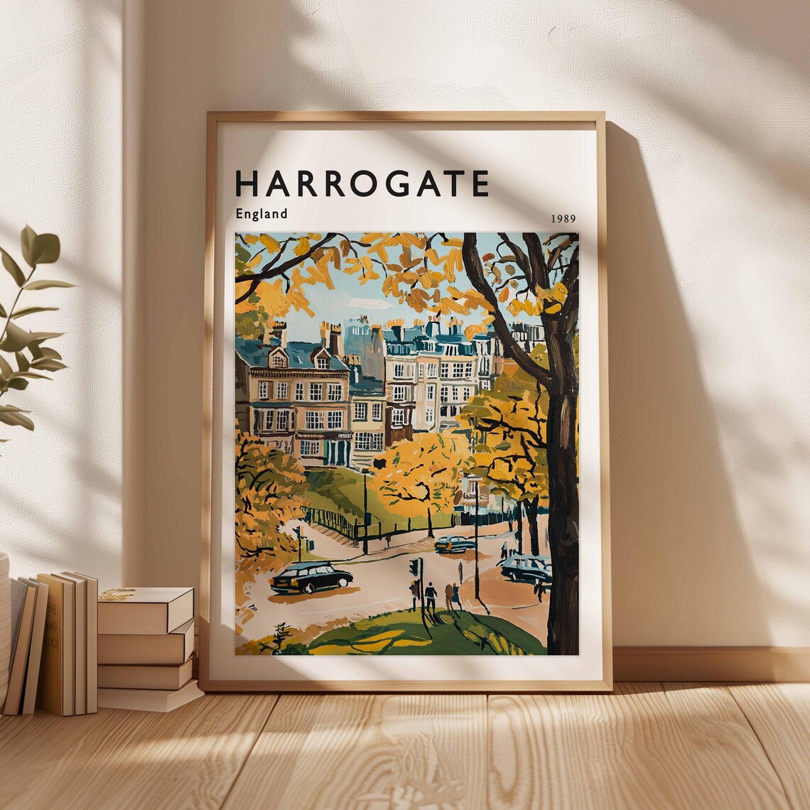 Harrogate England 1989 Autumn Street Yellow Trees Travel Poster