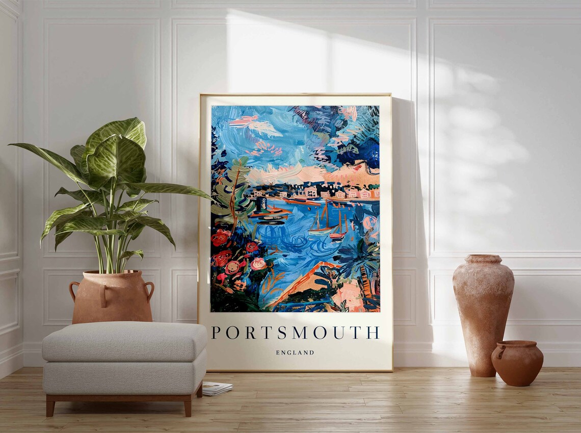 Portsmouth England Painterly Harbor Boats Floral Coastal Poster - Image 3