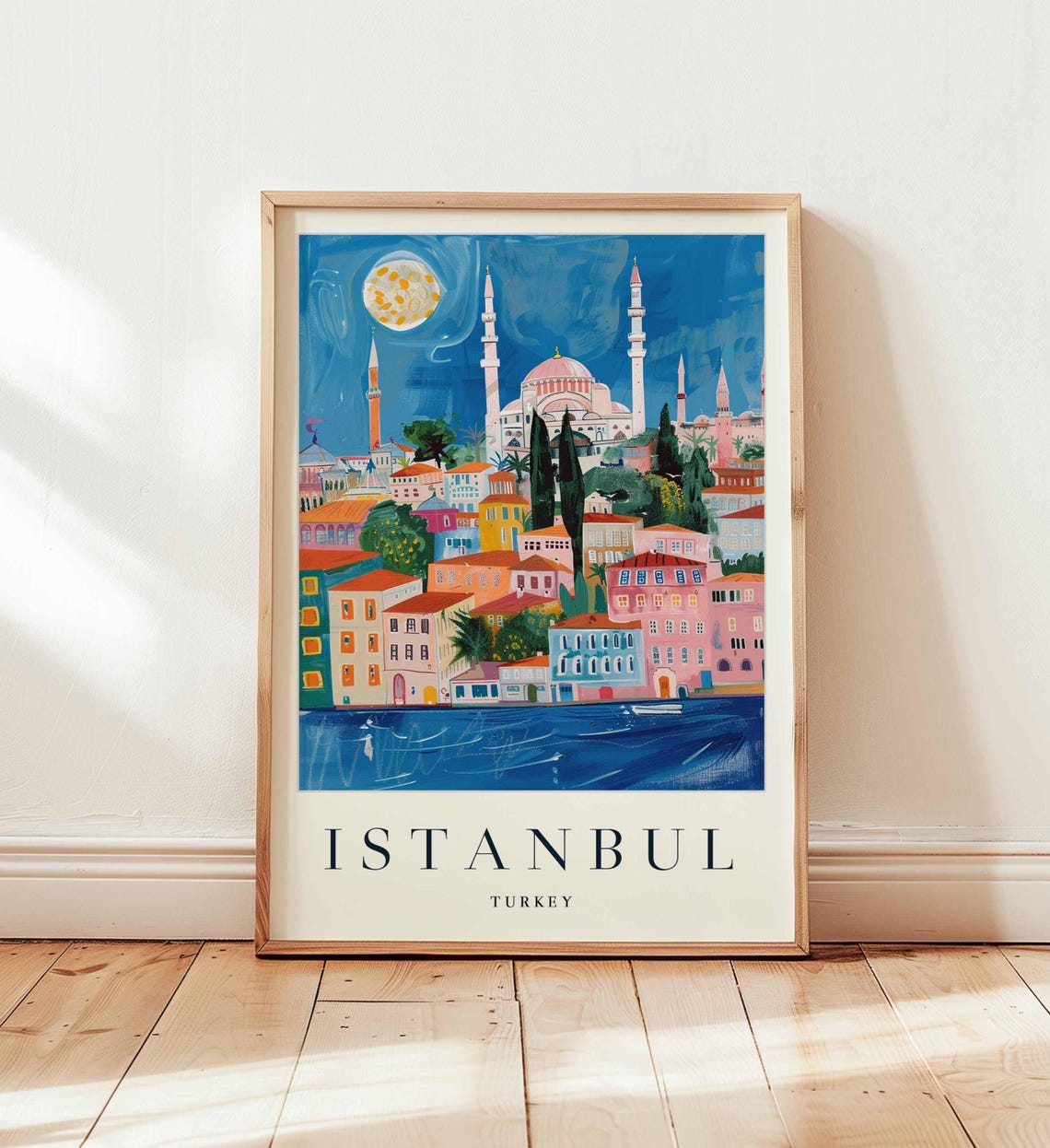 Istanbul Turkey Moonlit Pink Mosque Waterfront Night City Poster