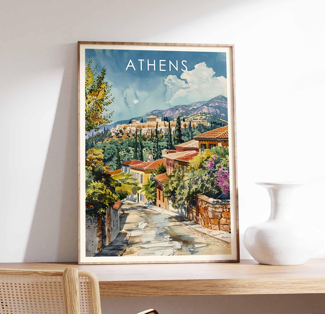 Athens Greece Acropolis Plaka Street Watercolor Travel Poster