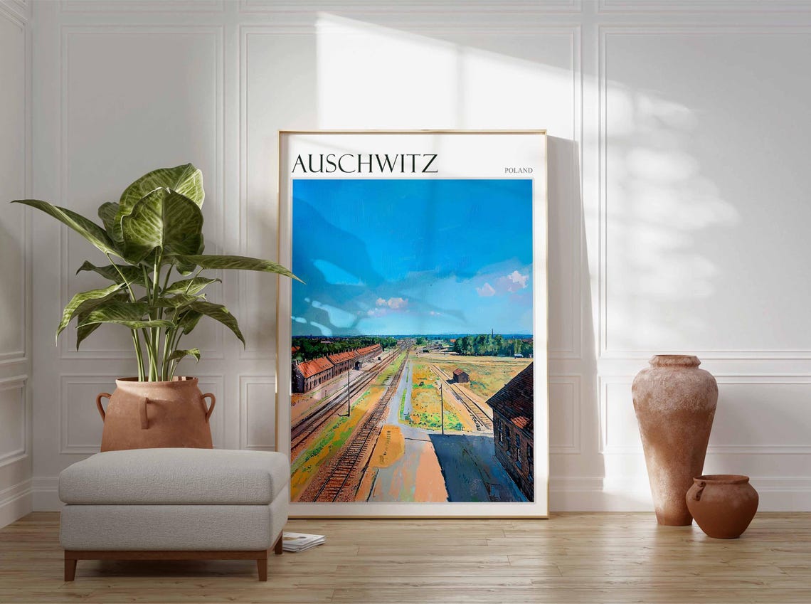 Auschwitz Poland Panoramic Barracks Blue Sky Memorial Art Poster - Image 2