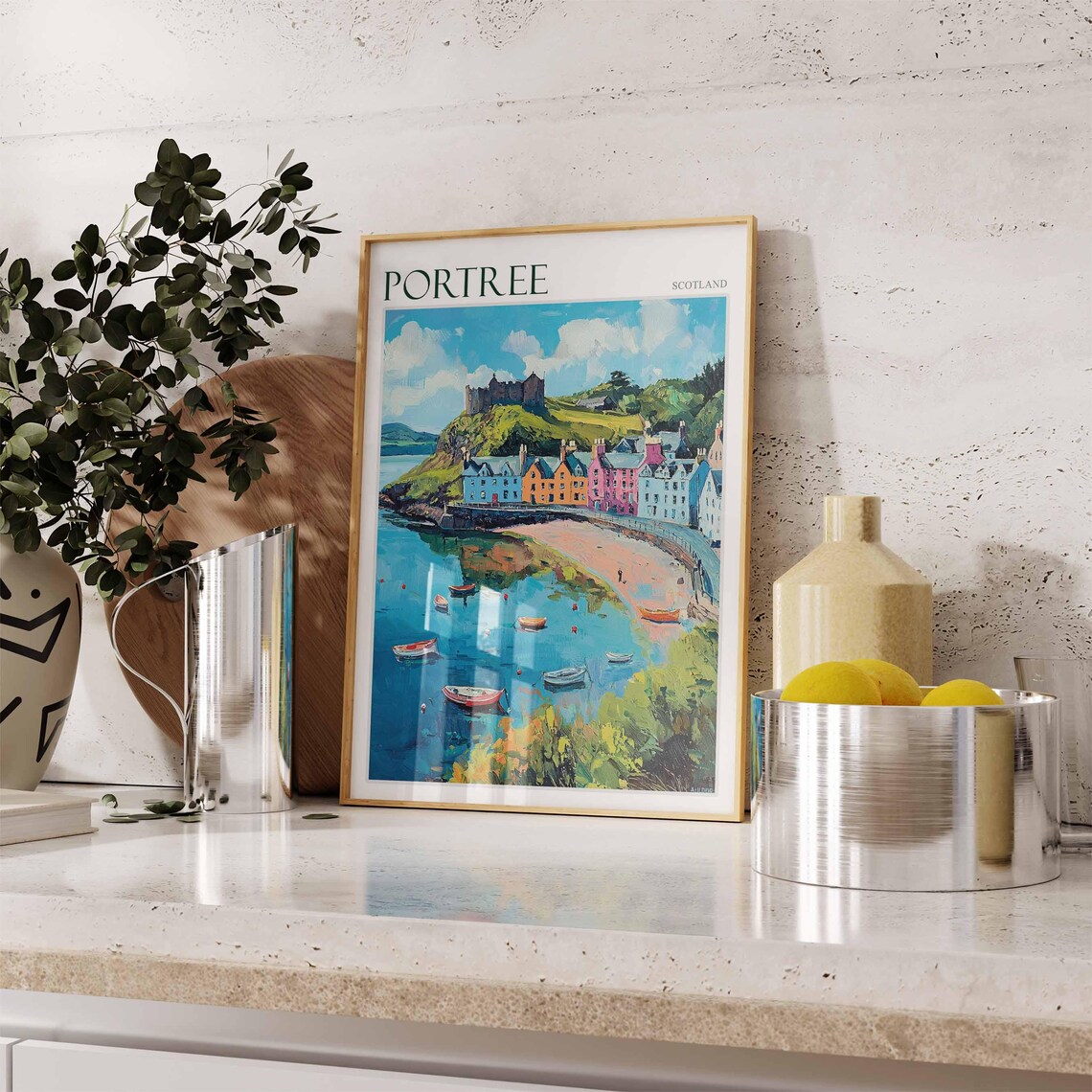 Portree Scotland Hill Castle Bay Boats Scene Vintage Travel Poster - Image 3