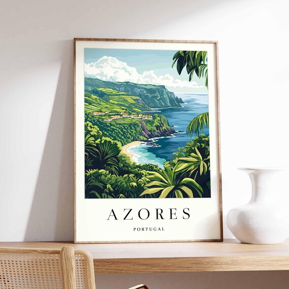 Azores Portugal Lush Coastal Cliffs Green Island Travel Poster Art
