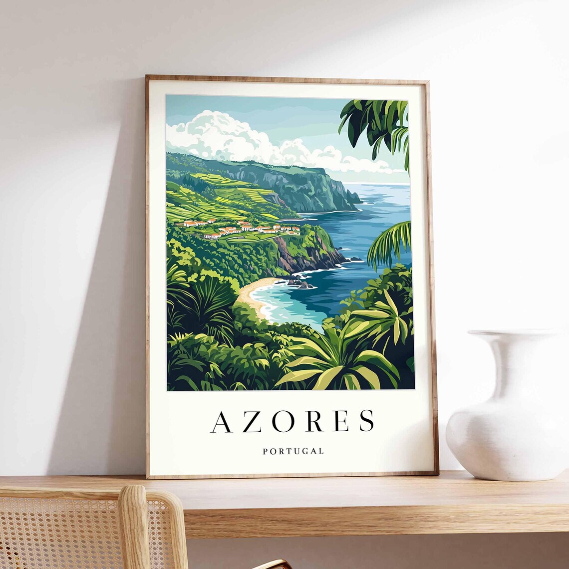 Azores Portugal Lush Coastal Cliffs Green Island Travel Poster Art