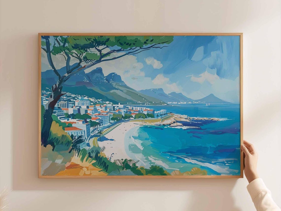 Cape Town Seaside Cove Pine Tree Beach Loose Brushwork Art Poster
