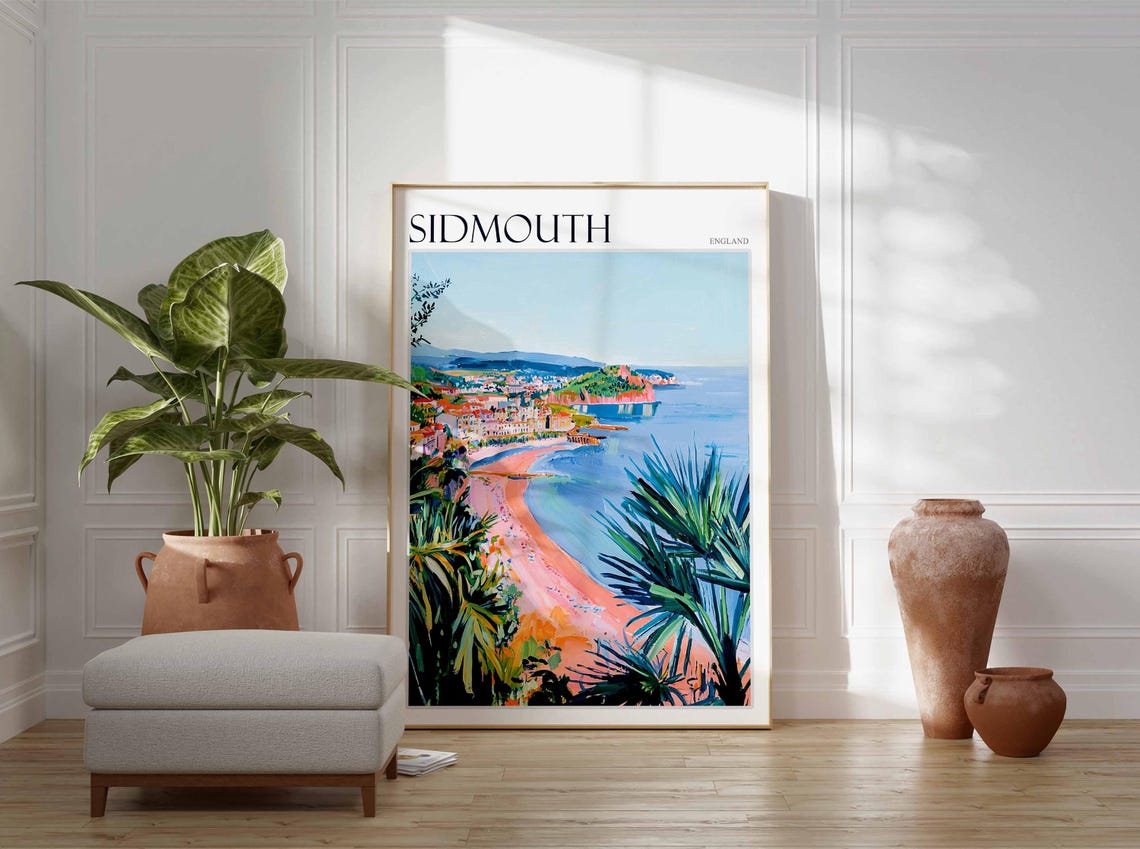 Sidmouth England Red Cliffs Palm Beach Seaside Travel Art Poster - Image 2