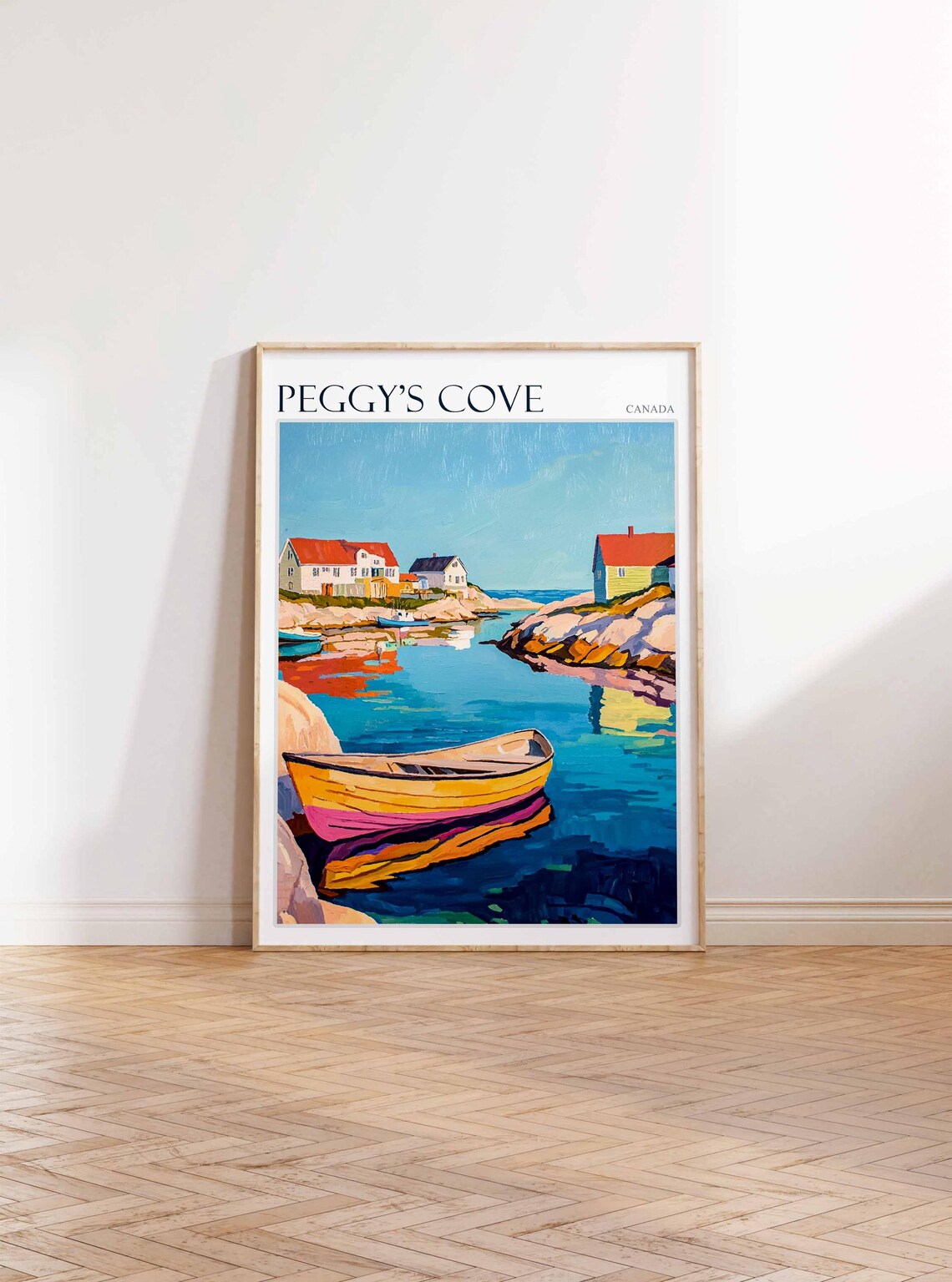 Peggy's Cove Canada Yellow Rowboat and Red Roof Houses Poster - Image 2