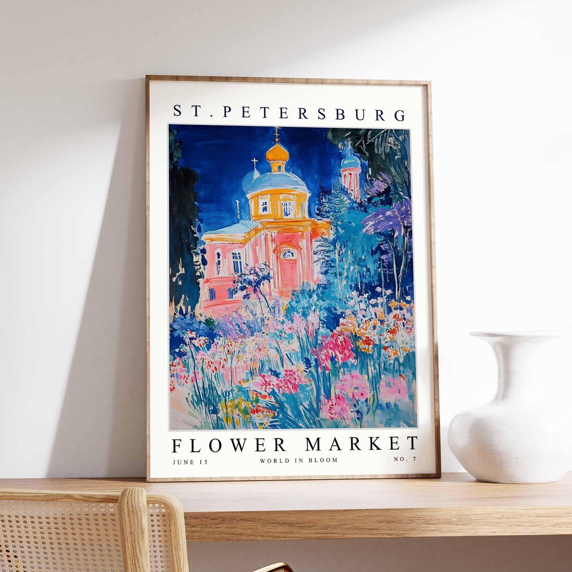 St. Petersburg Night Pink Church Golden Dome Flowers Art Poster
