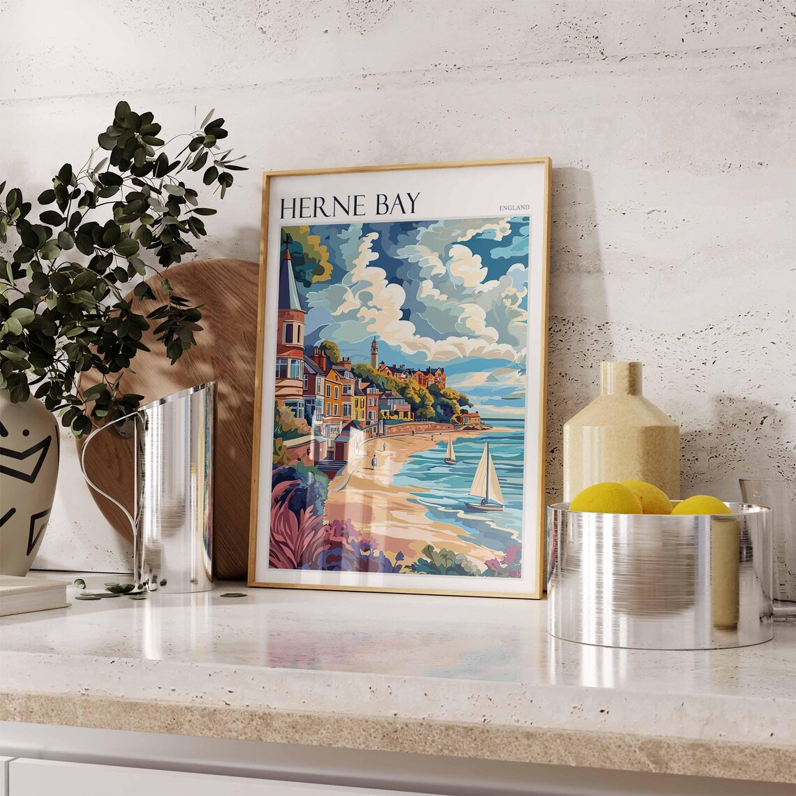 Herne Bay England Sailboats Bay Red Roof Town Skyline Poster - Image 2