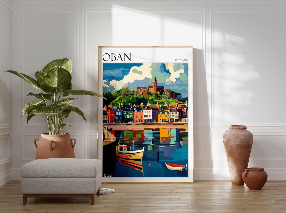 Oban Harbor Boat Reflections Church Town Scotland Travel Poster - Image 4