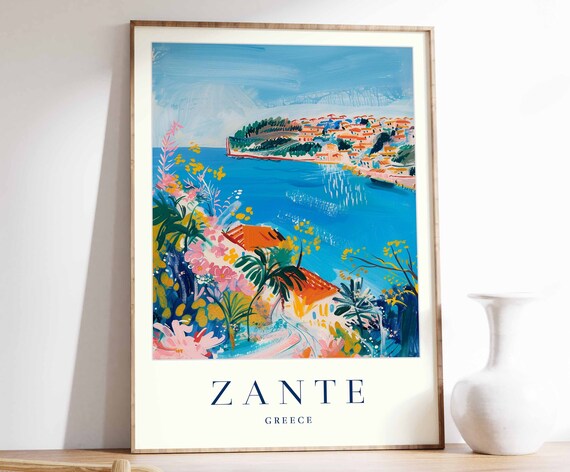 Zante Greece Coastal Town Flowers Colorful Painting Travel Poster