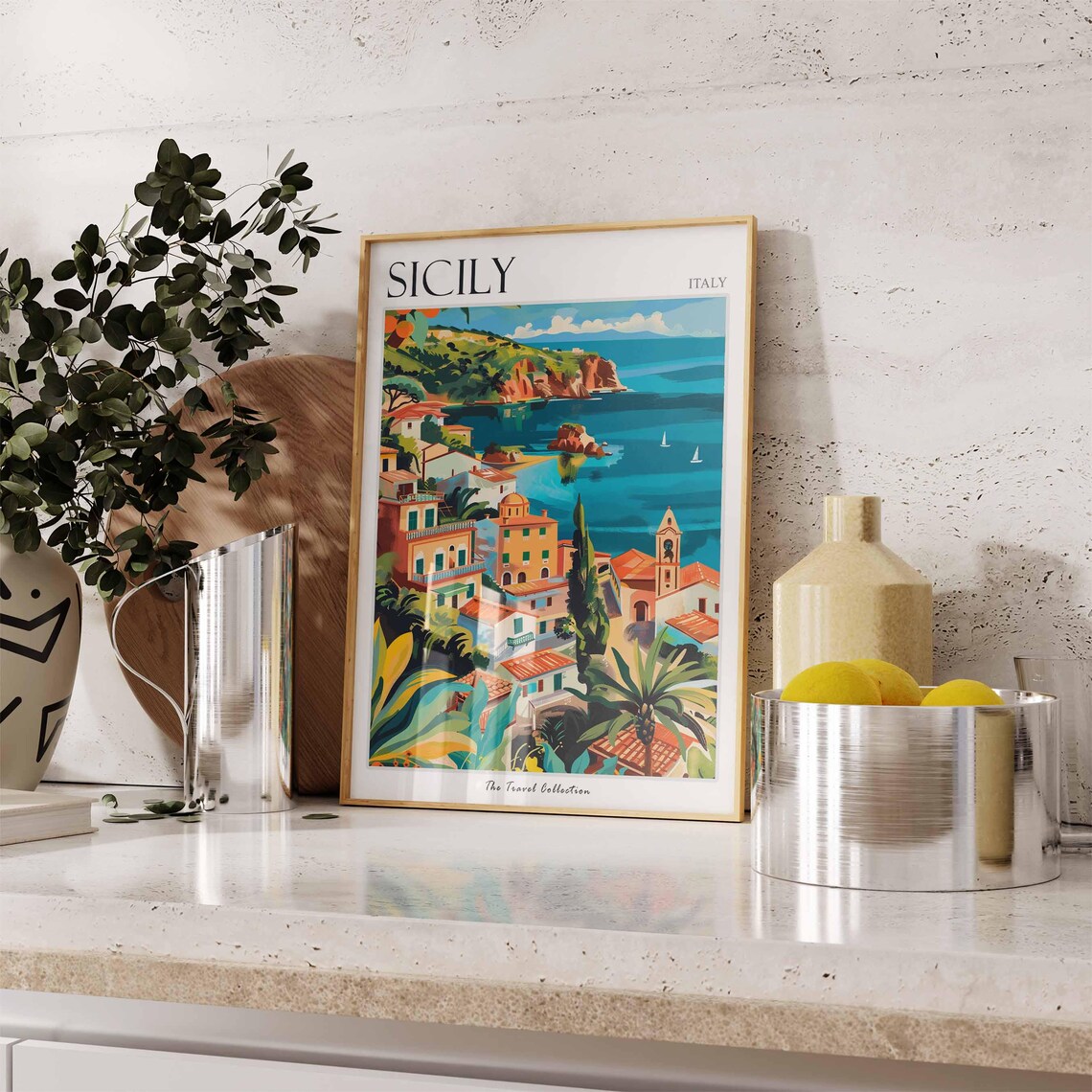 Sicily Italy Coastal Village Scene Painted Mediterranean Travel Poster - Image 3