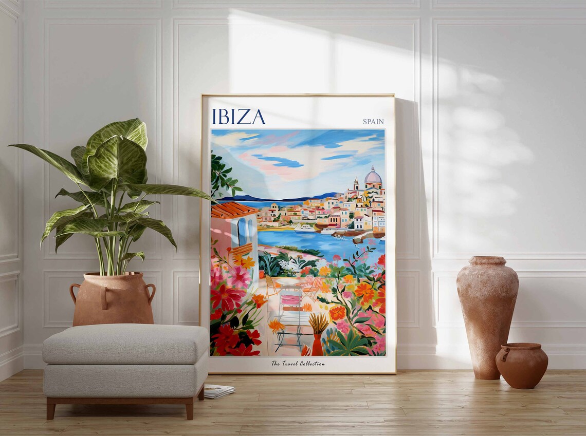 Ibiza Spain Harbor Cathedral Flower Terrace Art Travel Poster - Image 2