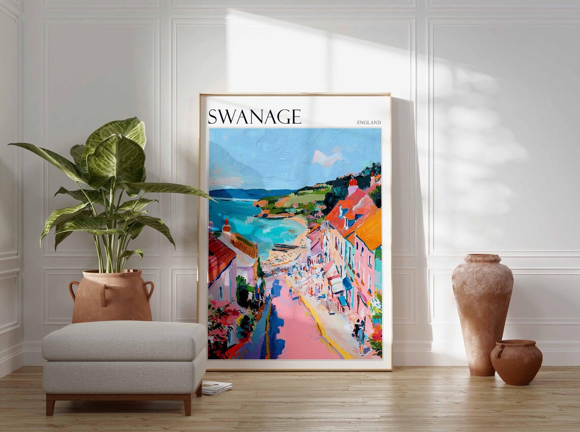 Swanage Steep Street Pink Pastel Coastal Hill Beach Travel Poster - Image 2