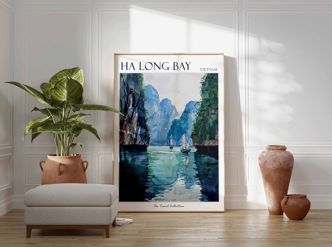 Ha Long Bay Vietnam Watercolor Limestone Karsts Boat Scene Poster - Image 3