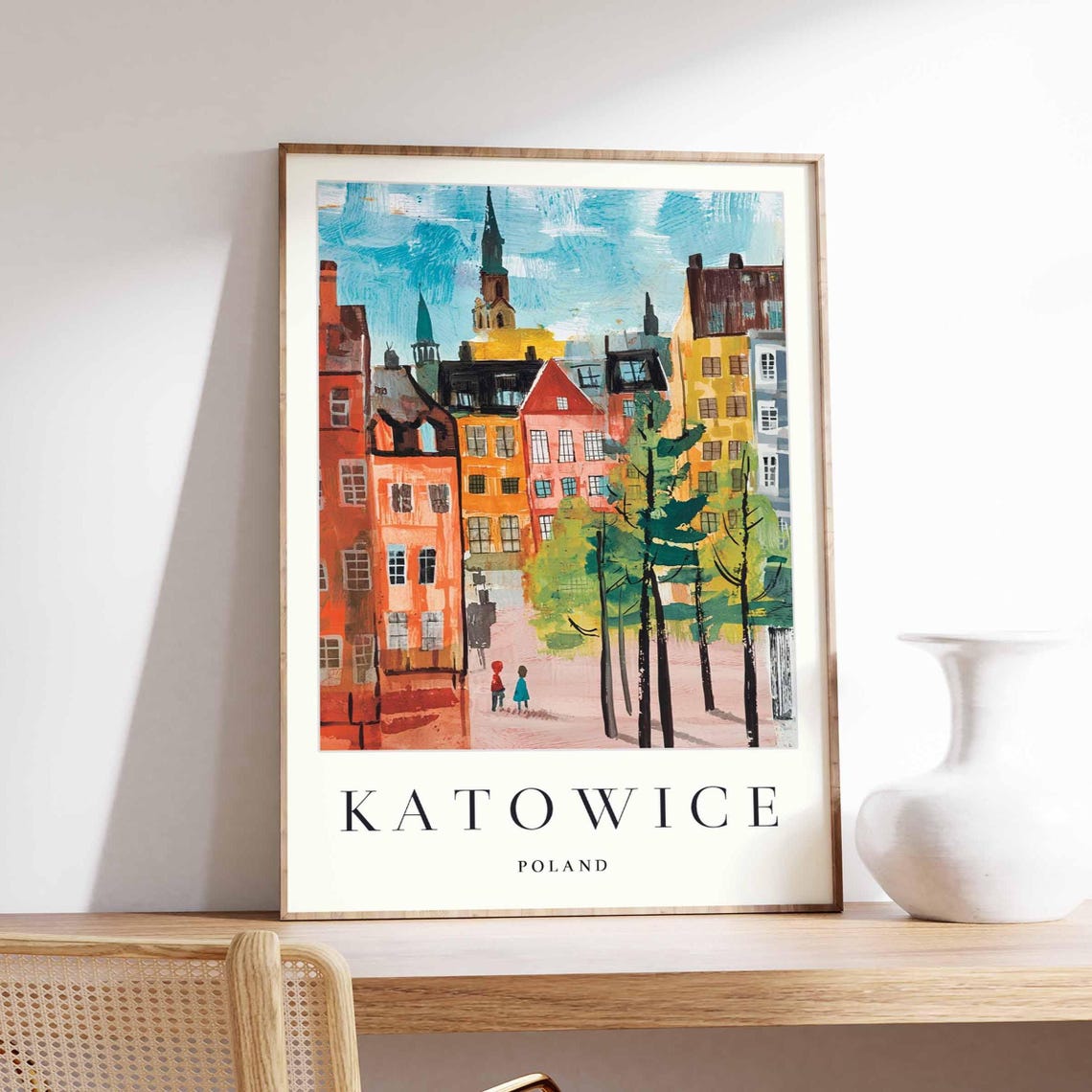 Katowice Poland Colorful Street Church Spires Watercolor Poster