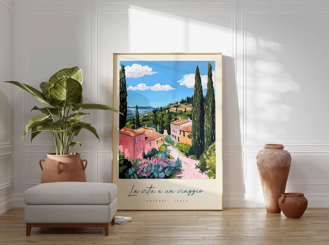 Chianti Italy La Vita e un Viaggio Pink Houses Village Road Poster - Image 3
