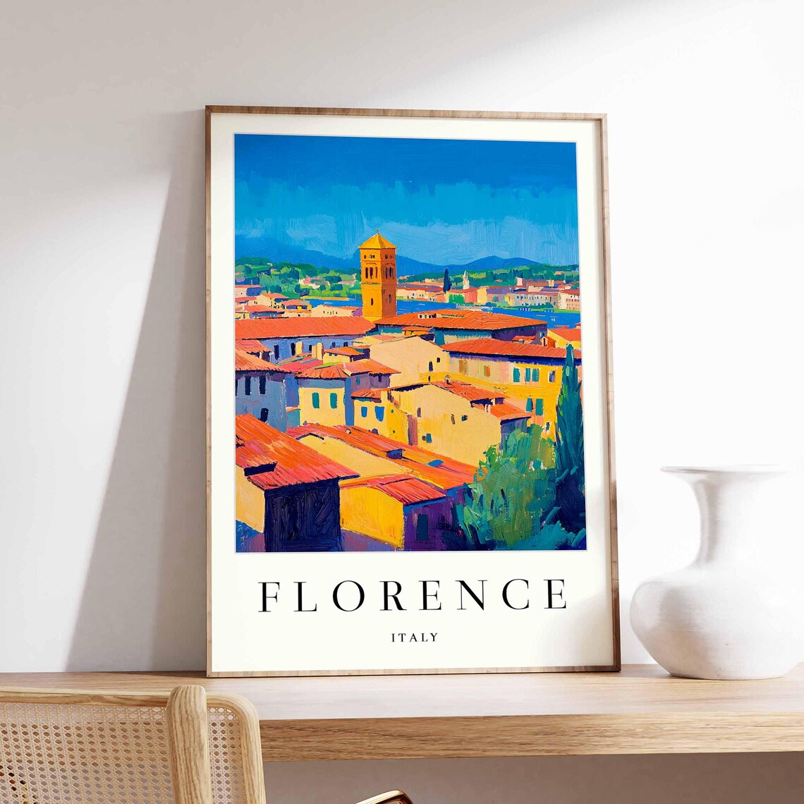 Florence Colorful Rooftops Bell Tower Blue Sky Italy Travel Poster