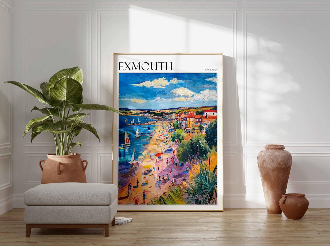 Exmouth England Sandy Beach Sailboats Busy Coast Scene Poster - Image 3