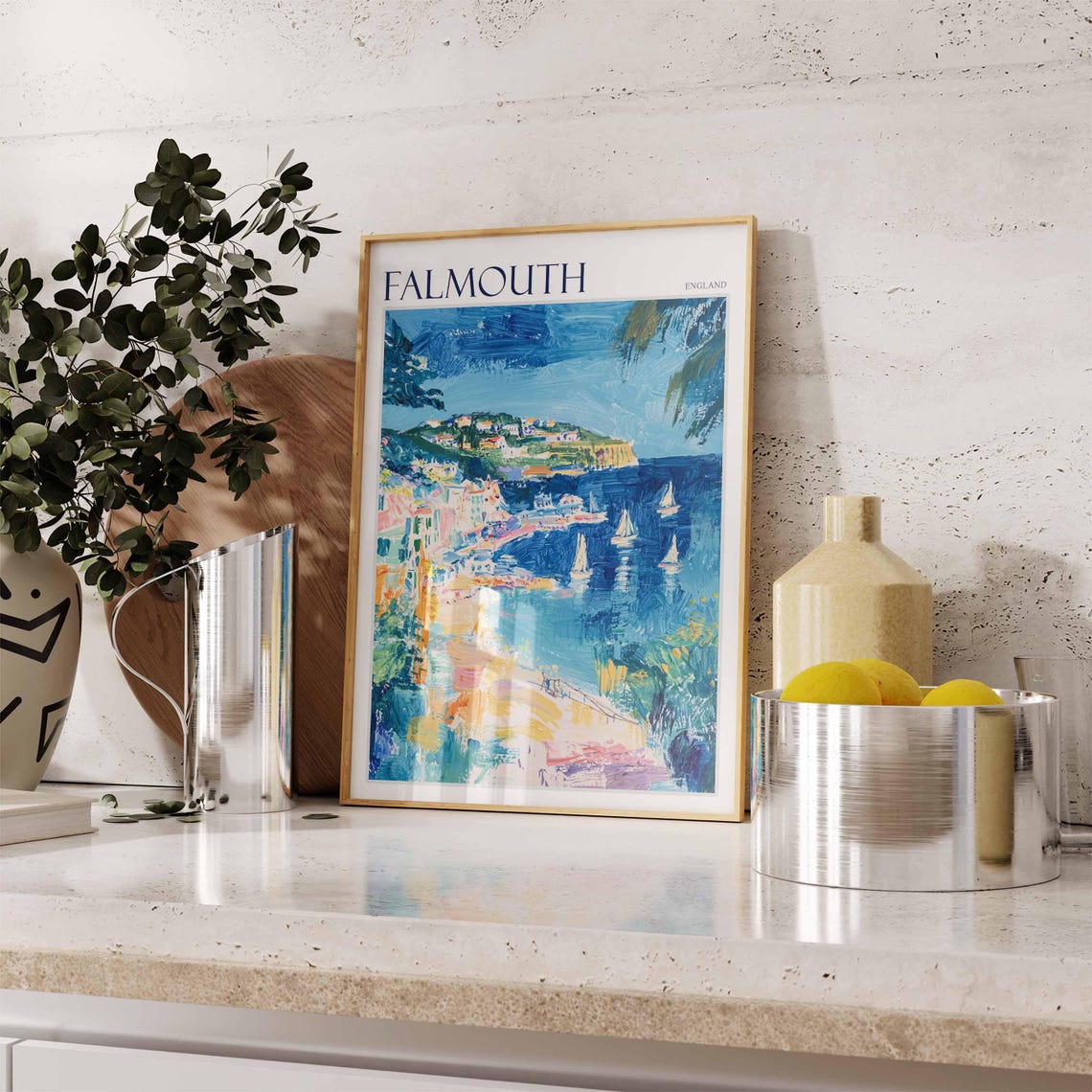 Falmouth England Blue Harbor Sailboats Impressionist Art Poster - Image 2