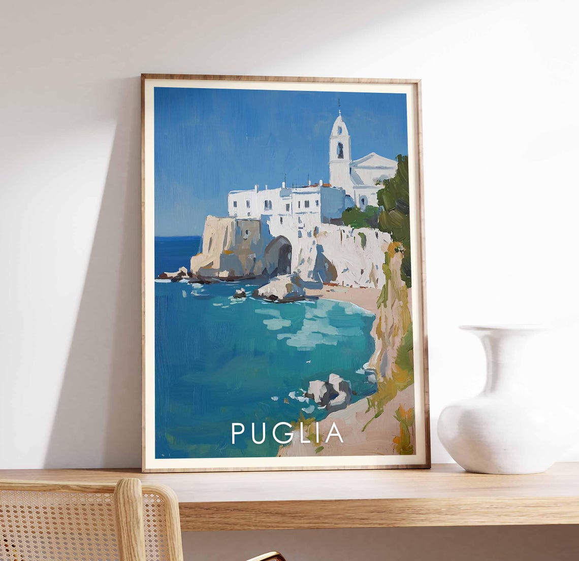 Puglia Italy Whitewashed Coastal Cliff Church Sea View Poster