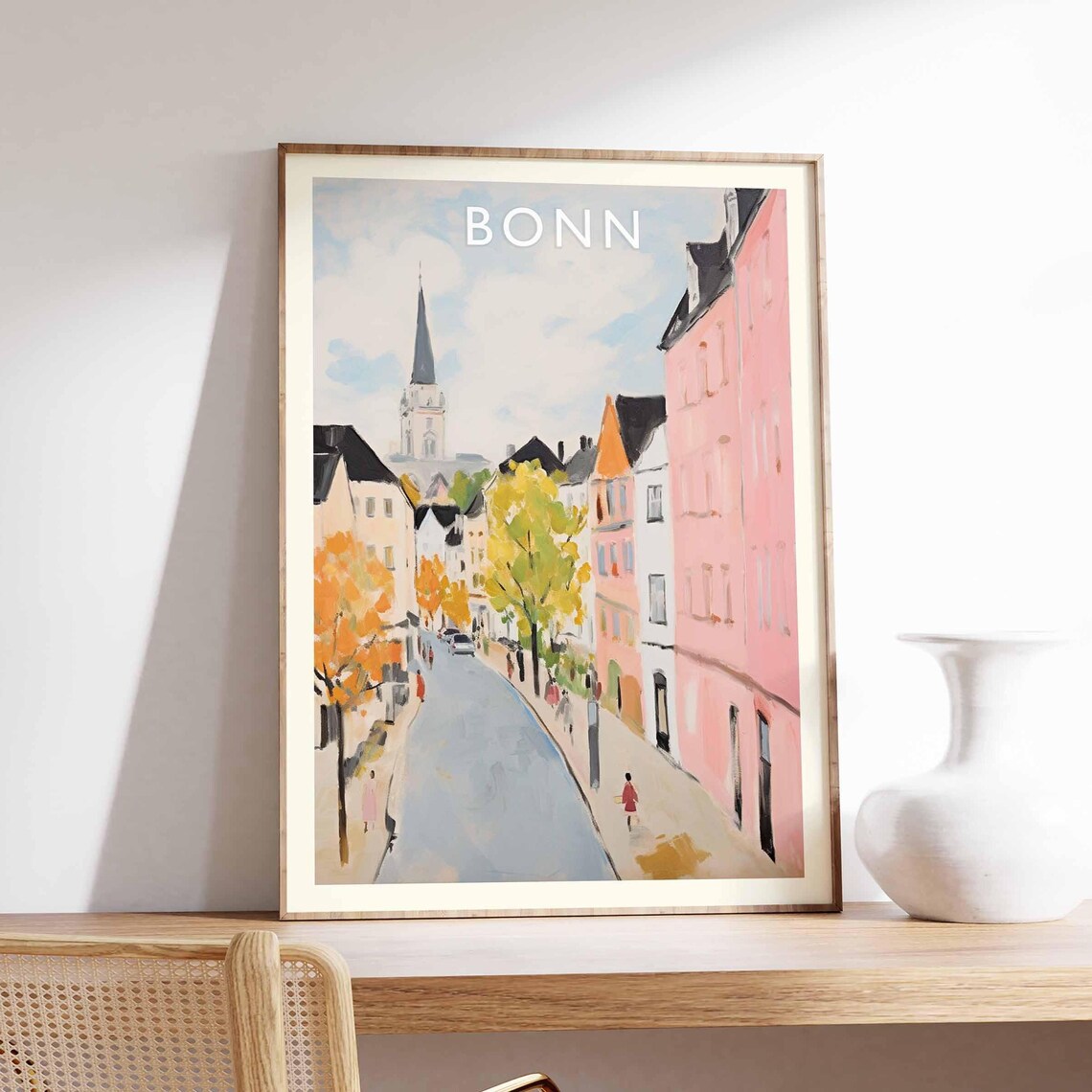 Bonn Pastel Autumn Street Church Spire Germany Travel Poster