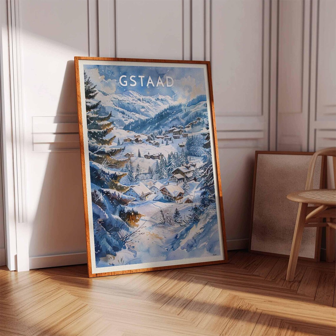 Gstaad Swiss Alpine Winter Village Blue Twilight View Poster - Image 2
