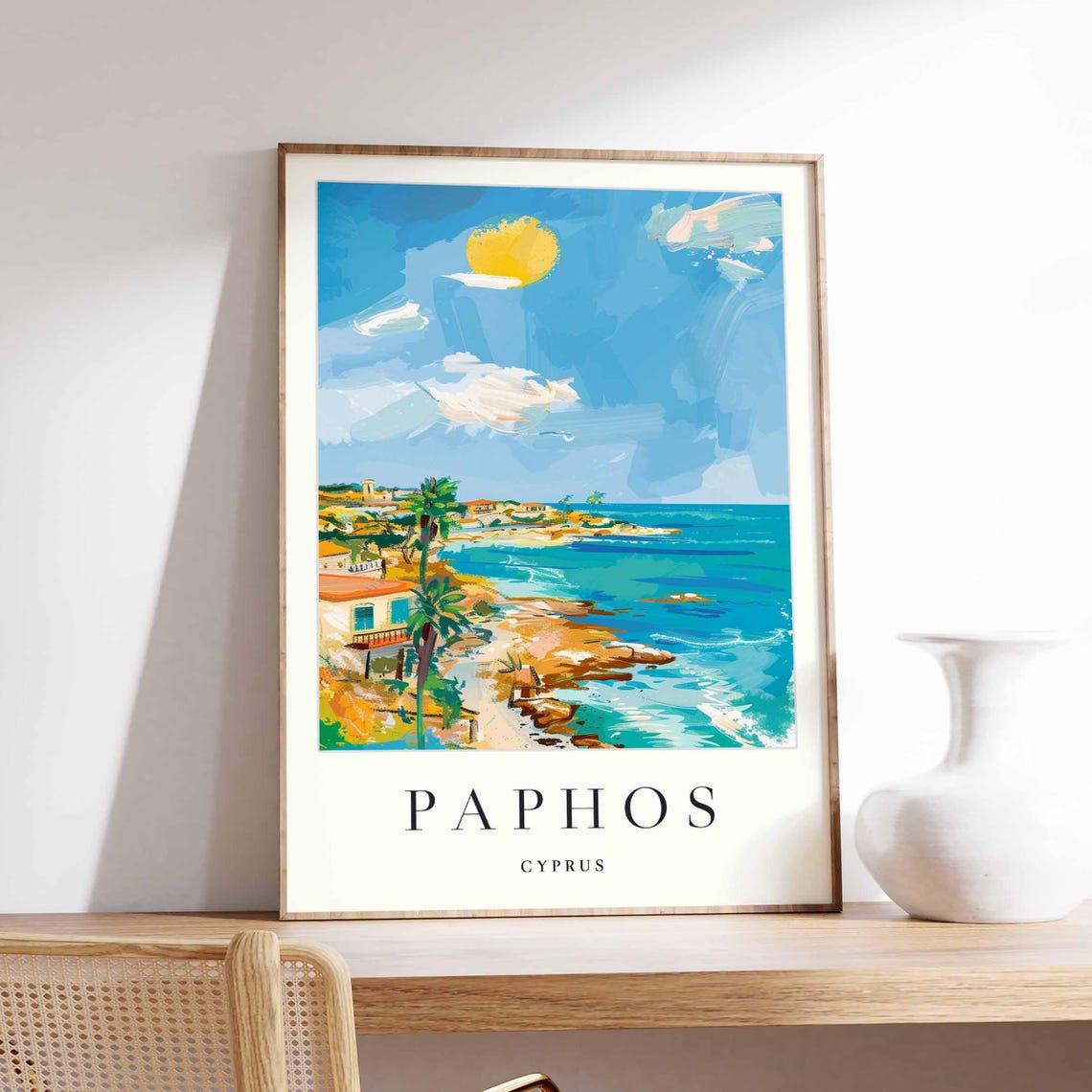 Paphos Cyprus Sunny Mediterranean Coast Palm Trees Beach Houses Poster
