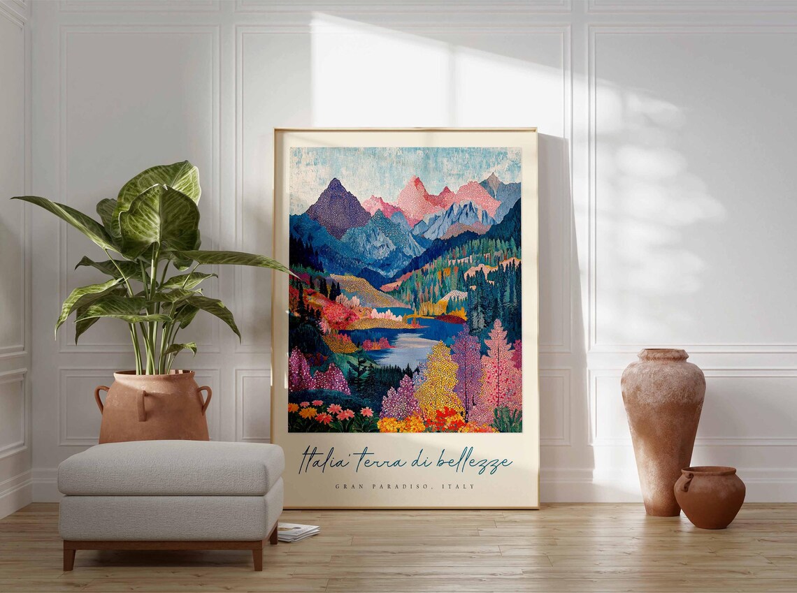 Gran Paradiso Italy Vibrant Folk Art Alpine Mountains Lake Poster - Image 3